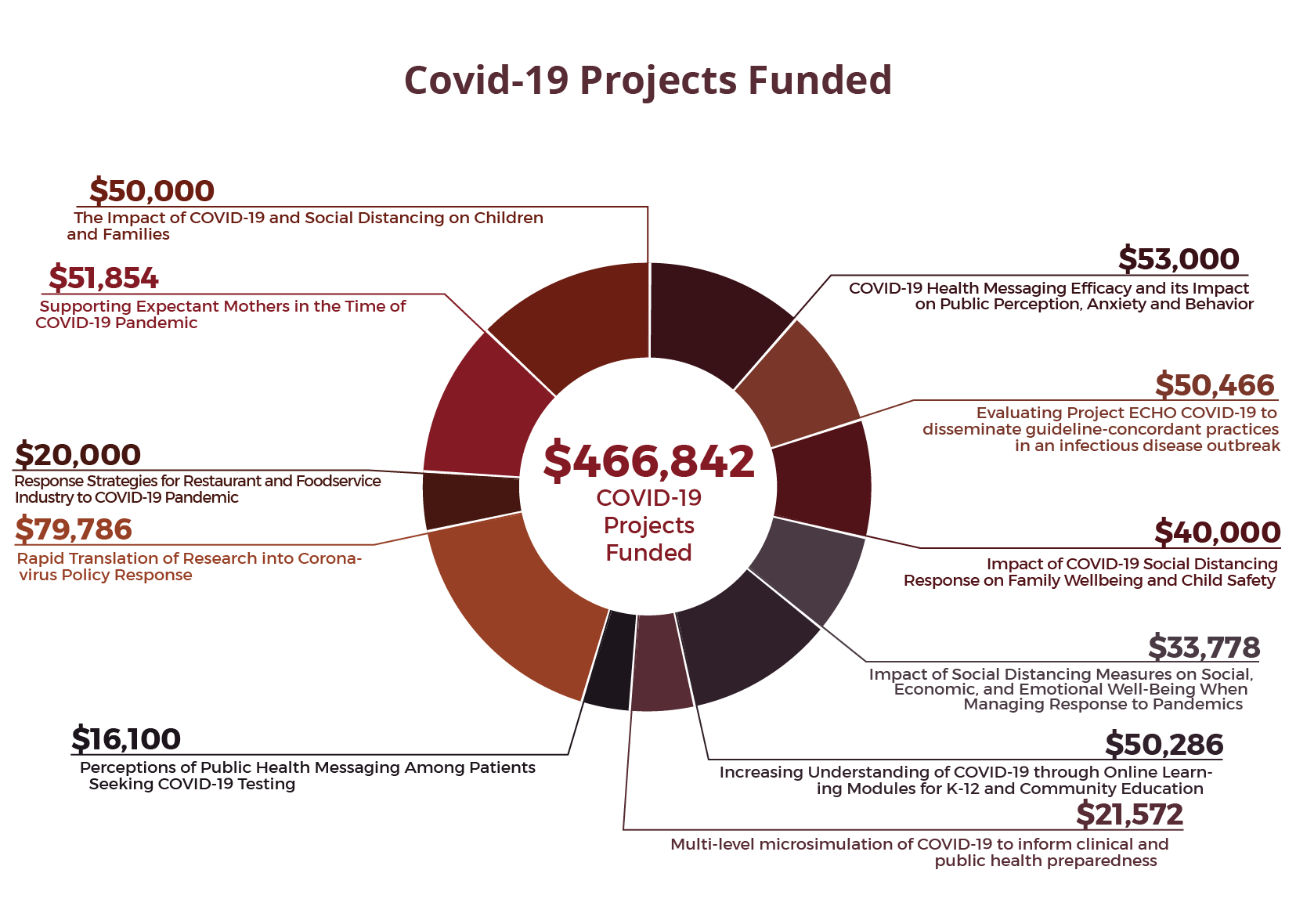 Pie chart depicting Covid-19 Projects Funded, broken down by dollar amount and project.