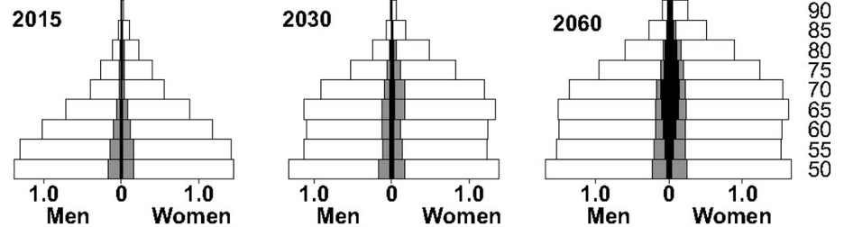 Population pyramids for men and women aged 50 to 90 in the years 2015, 2030, and 2060. Each pyramid shows a projected aging trend, with the base narrowing and upper age groups widening over time, indicating an aging population.