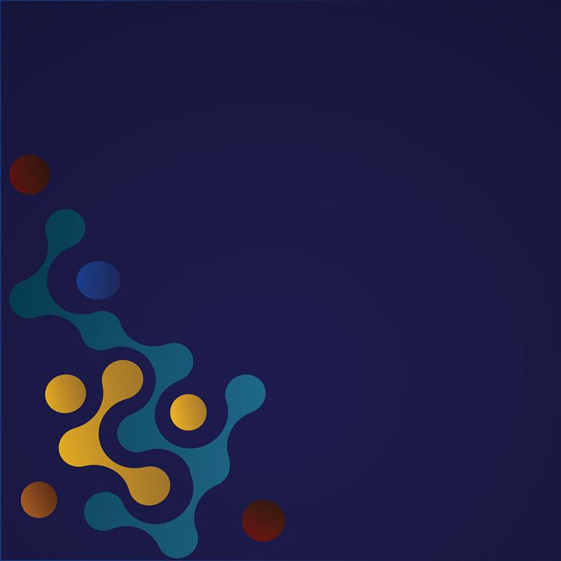 Various shapes in red, orange, yellow, blue, and teal on a dark purple background.