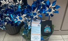 Blue and white pinwheels planned inside a basket inside the HUB-Robeson Center.