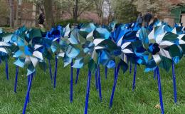 Blue and white pinwheels in the lawn.