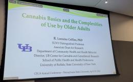 PowerPoint slide on a large screen that says: Cannabis Basics and the Complexities of Use by Older Adults.