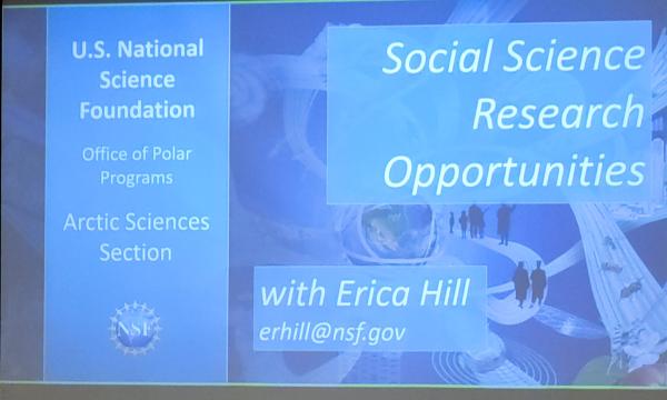 Powerpoint slide with Social Science Research Opportunities with Erica Hill from the National Science Foundation.