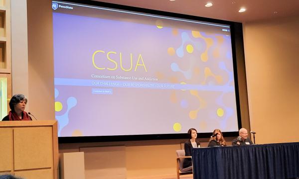 Rina Eiden moderates a panel about neonatal and maternal health and opioid use disorder.