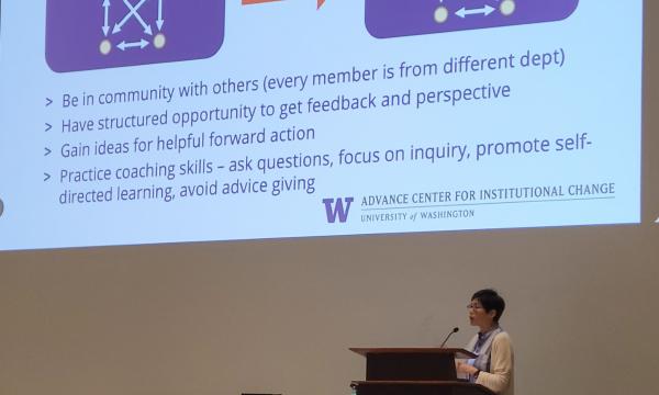 Joyce Yen, Director of the University of Washington (Seattle) ADVANCE Center for Institutional Change, presents about peer mentoring and coaching groups.