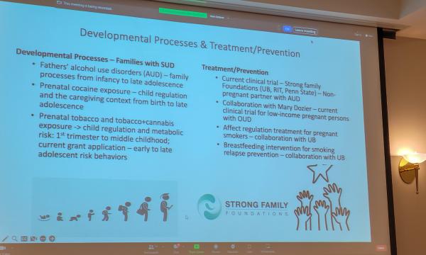 Rina Eiden, CSUA co-funded faculty member, presents remotely on Zoom about some of her research in developmental processes and treatment/prevention work.