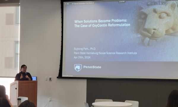 Sujeog Park, CSUA cofunded faculty member and assistant professor of health policy and administration, presents her research talk about the oxycontin reformulation.