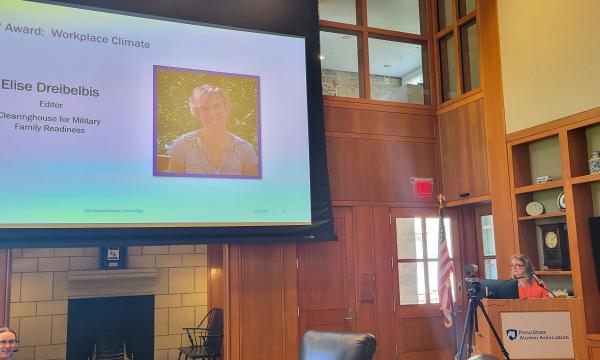 Deborah Ehrenthal, SSRI Director, and Elise Dreibelbis, Editor for the Clearinghouse for Military Families, speaks virtually about receiving the Workplace Climate Award.