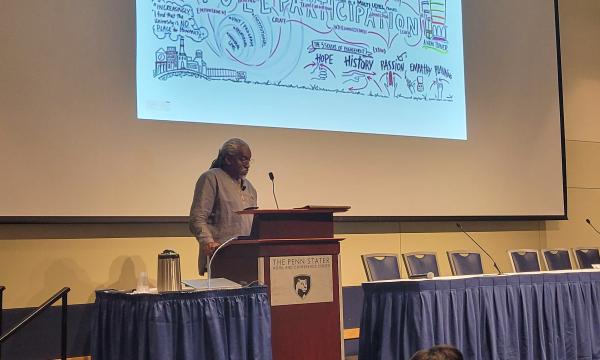 Timothy Eatman, keynote speaker and Nicole Webster and Timothy Eatman, keynote speaker and Educational Sociologist, Publicly Engaged Scholar and Inaugural Dean of the Honors Living-Learning Community and Professor of Urban Education at Rutgers University.