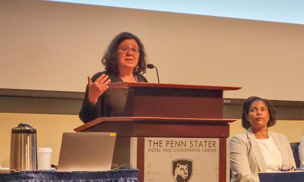 Zoubeida Ounaies holds a panel discussion with researchers.
