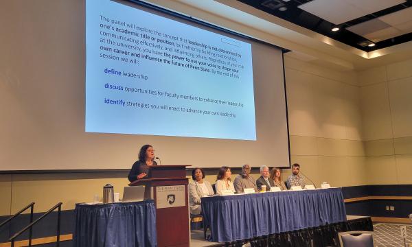 Zoubeida Ounaies holds a panel discussion with researchers.