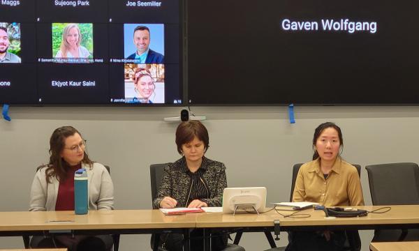 Four women, Jessica Thompson, Kathyrn Risher, Corina Graif, and Thoa Khuu, sit at a table to discuss NIH K awards.