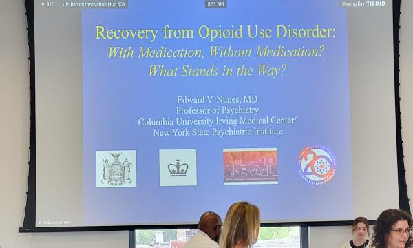 PowerPoint presentation slide from Edward Nunes' keynote speech: "Recovery from Opioid Use Disorder: With Medication, Without Medication? What Stands in the Way?"