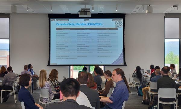 A wide shot of the PowerPoint presentation from Dan Mallinson's talk.