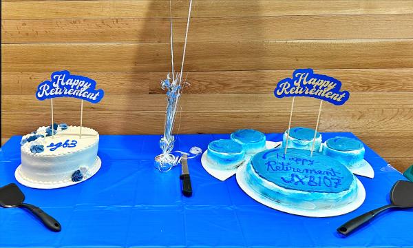 Two blue and white decorated cakes on a table with a blue tablecloth.